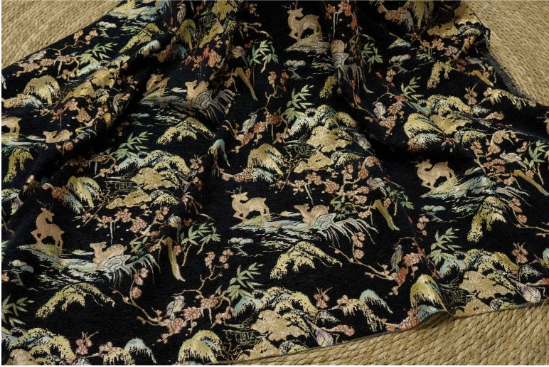 Tissu jacquard rétro motif cerf : texture 3D pour ameublement, costumes et décoration - 142 cm de large