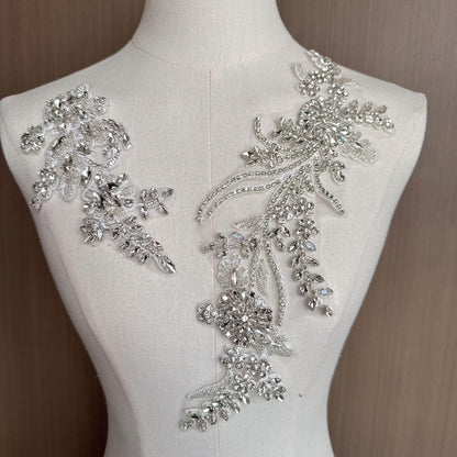 Embroidered Lace Trim with Rhinestones: Bridal Wedding Dress Applique