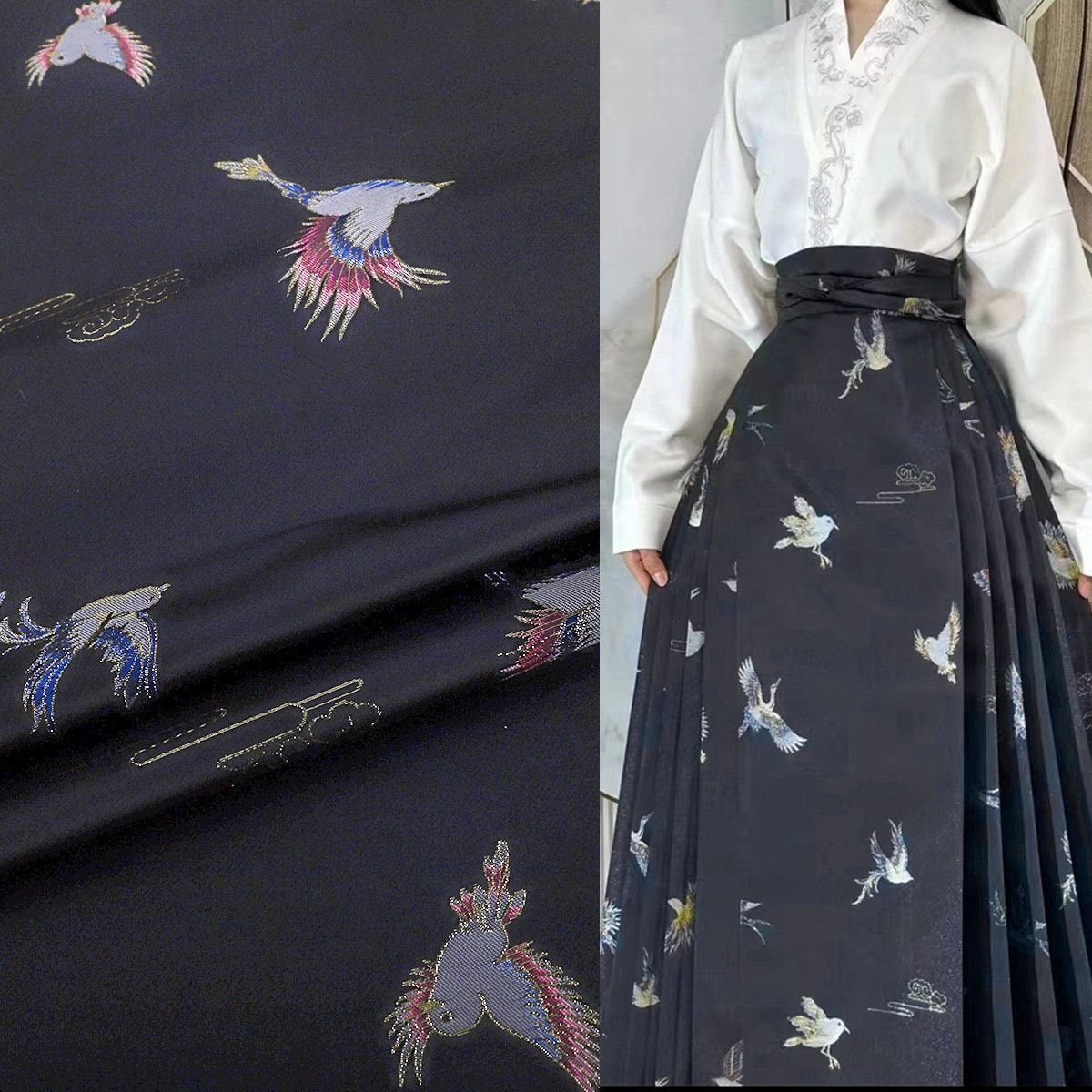 Tissu brocart Oiseau Phénix : tissage japonais Nishijin avec fil d'or (59"L)
