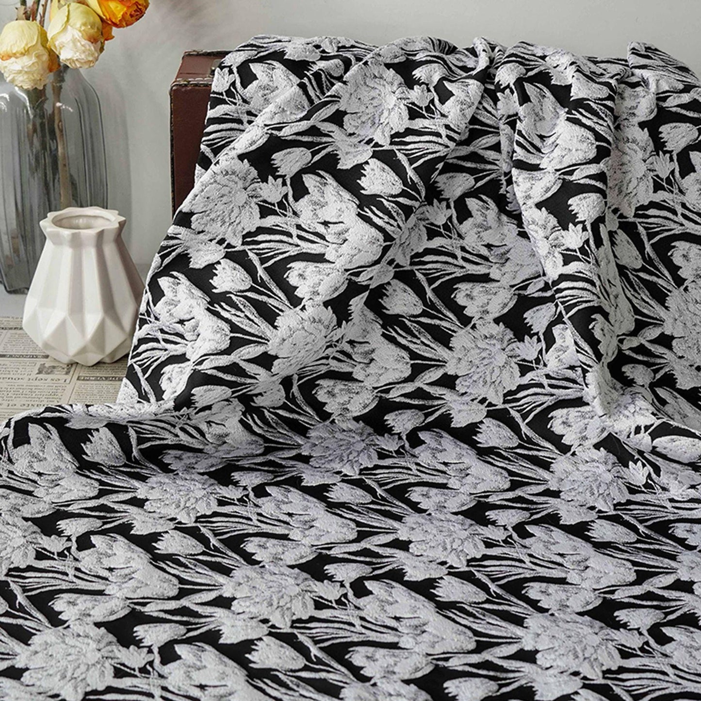 Elegant Black & White Floral Jacquard Quilting Fabric ��� Upholstery, Furniture, Bags, Sofa, DIY Sewing, Home Dec"Wide