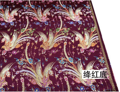 Tissu satin jacquard Phoenix : Hommage aux oiseaux, tissu d'ameublement rouge (29,5 po L)