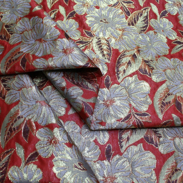Metallic Peony Brocade Fabric: Red & Silver Floral, 29.5"W