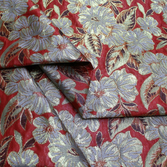 Metallic Peony Brocade Fabric: Red & Silver Floral, 29.5"W