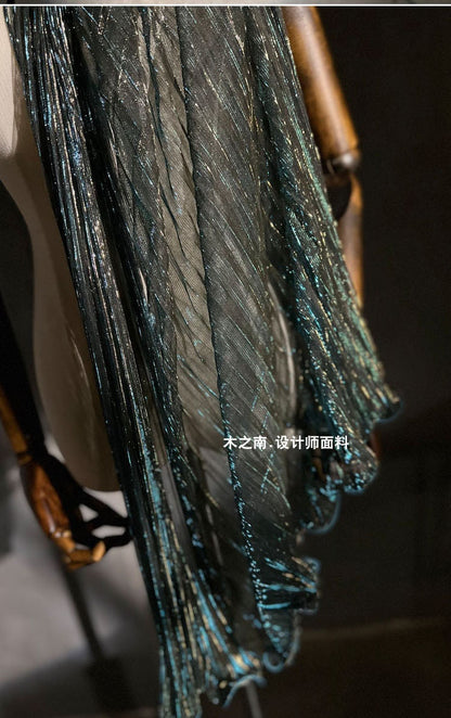 Peacock Blue Glitter Pleated Mesh Fabric, 59" Wide, Stiff Organza