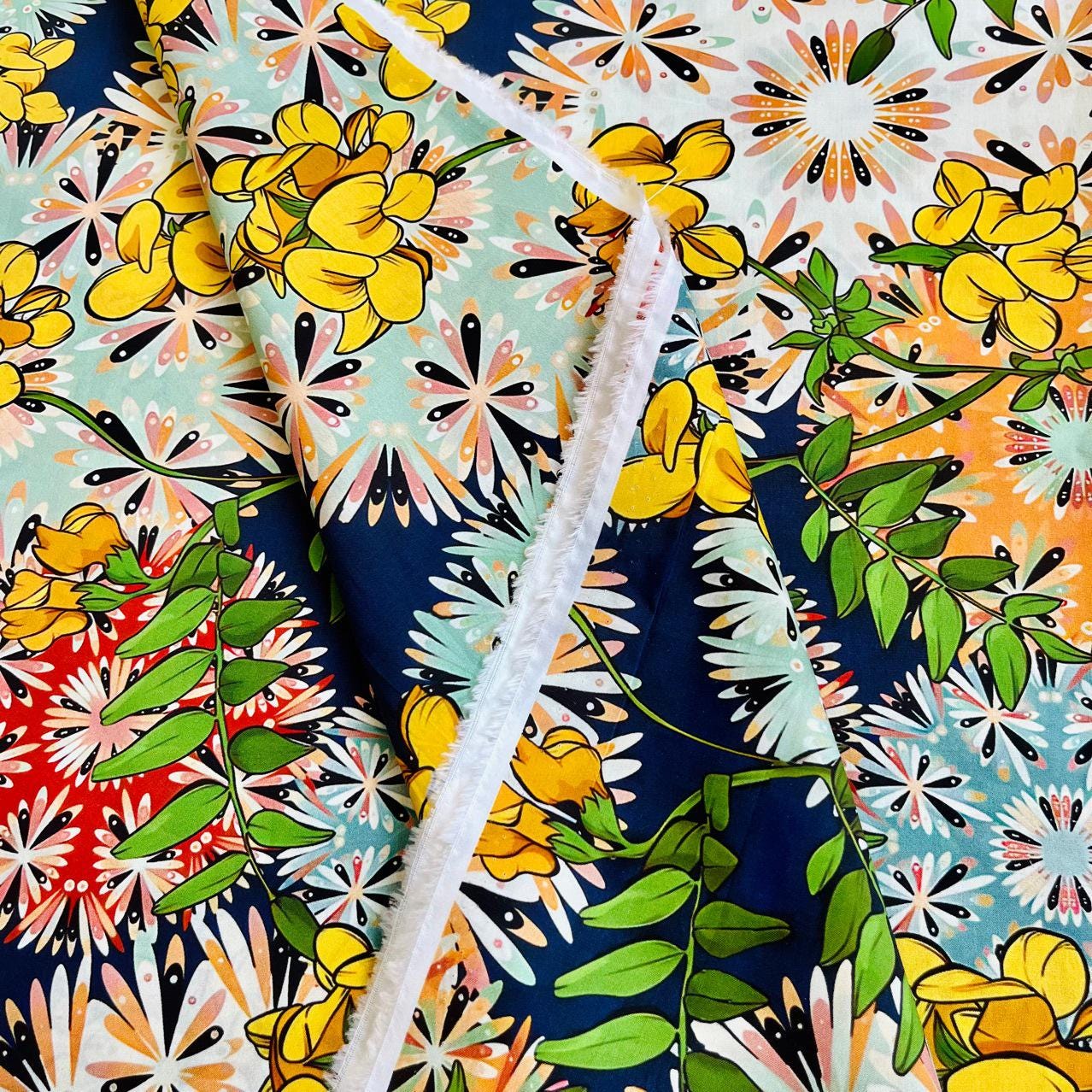 Floral Cotton Fabric: 60s Style Print, 59" Wide