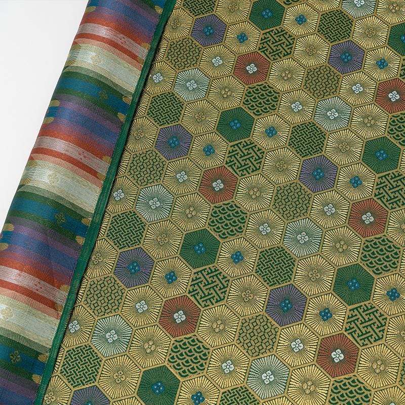 Tissu brocart japonais Nishijin : Damas de soie jacquard or à motif écaille de tortue
