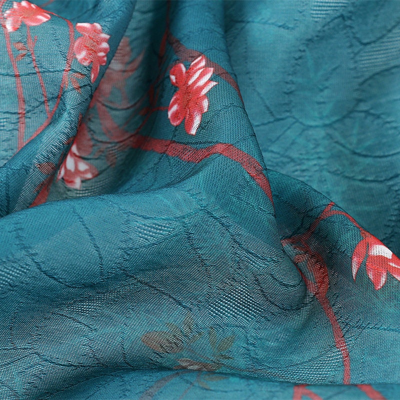 Floral Tencel Ramie Fabric: Teal Painting Pattern, Sewing Material