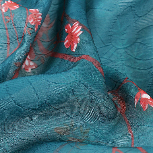 Tissu Tencel Ramie à motif floral : motif peinture turquoise, matériel de couture