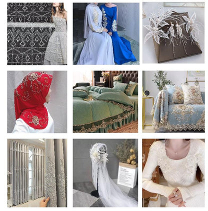 Applique en dentelle brodée de sequins argentés : voile de mariée, décoration de robe de mariée
