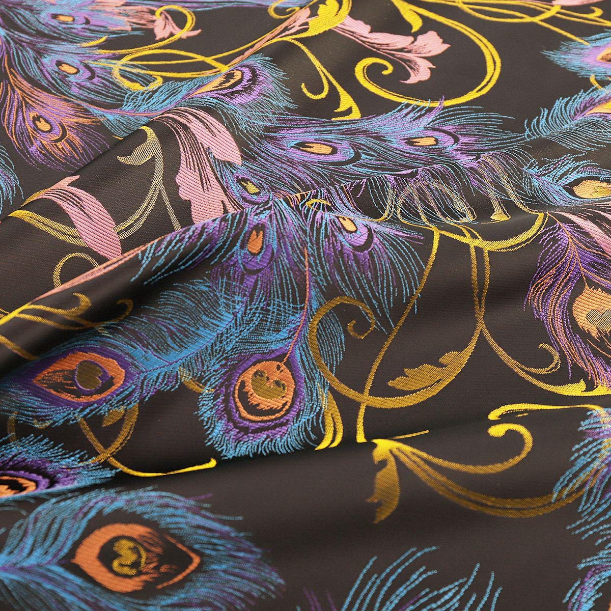 Phoenix Tail Jacquard Fabric: Gold Thread 3D Design, 59" Wide