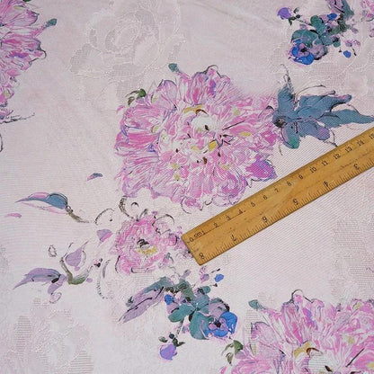 Peony Tea Silk Satin Fabric: Purple Pink Floral Print, 55"W