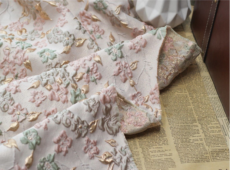 Jacquard Flower Fabric: Gold Embossed 3D Bubble Design, 55" Wide