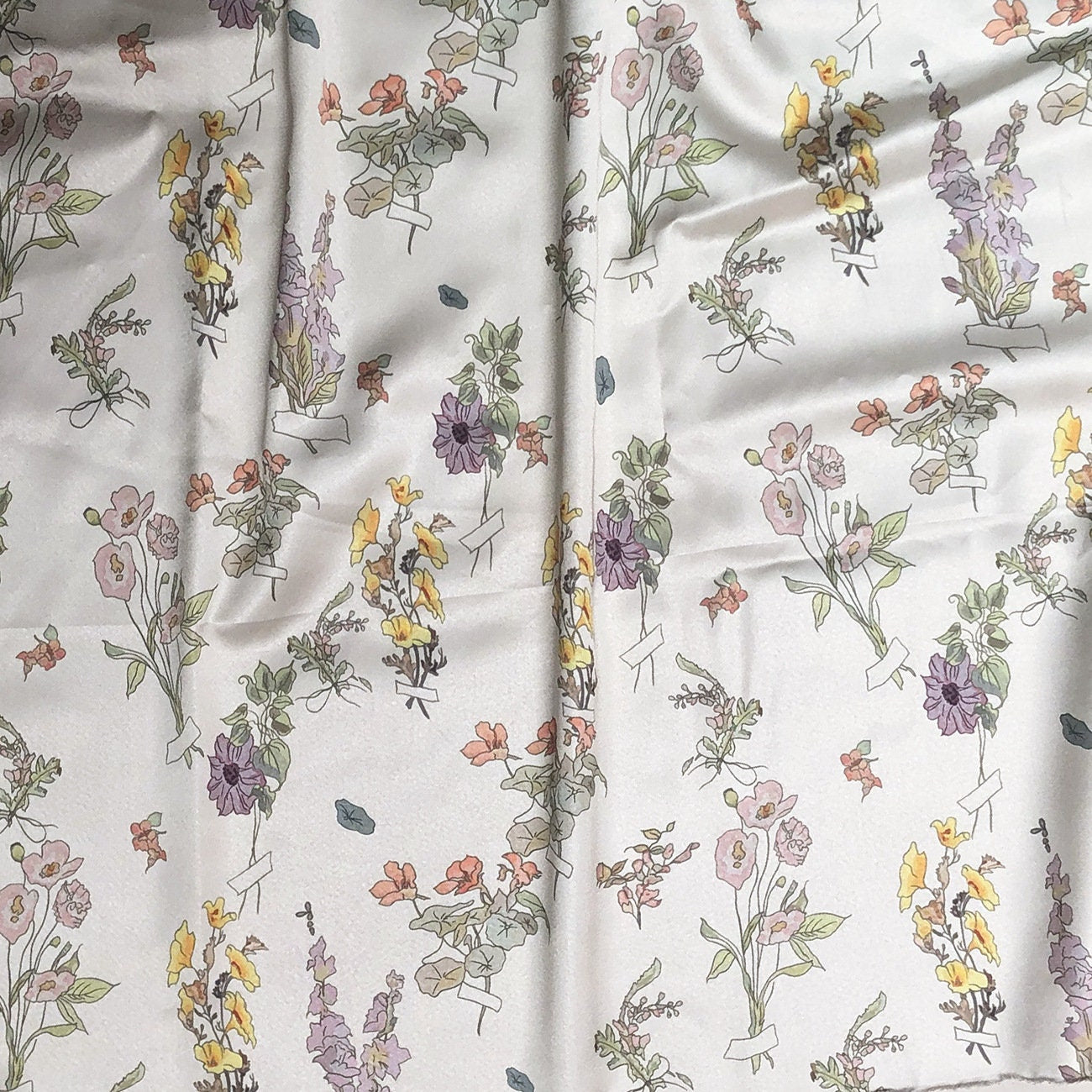 Floral Satin Fabric: Beige Soft Printed Polyester Spandex Blend, 59" Wide