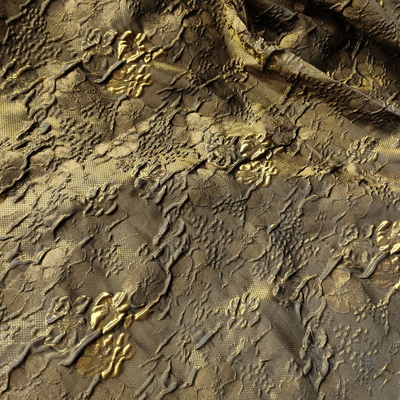 Gold Brown Floral Jacquard Fabric: 3D Embossed Reversible Woven, 62" Wide