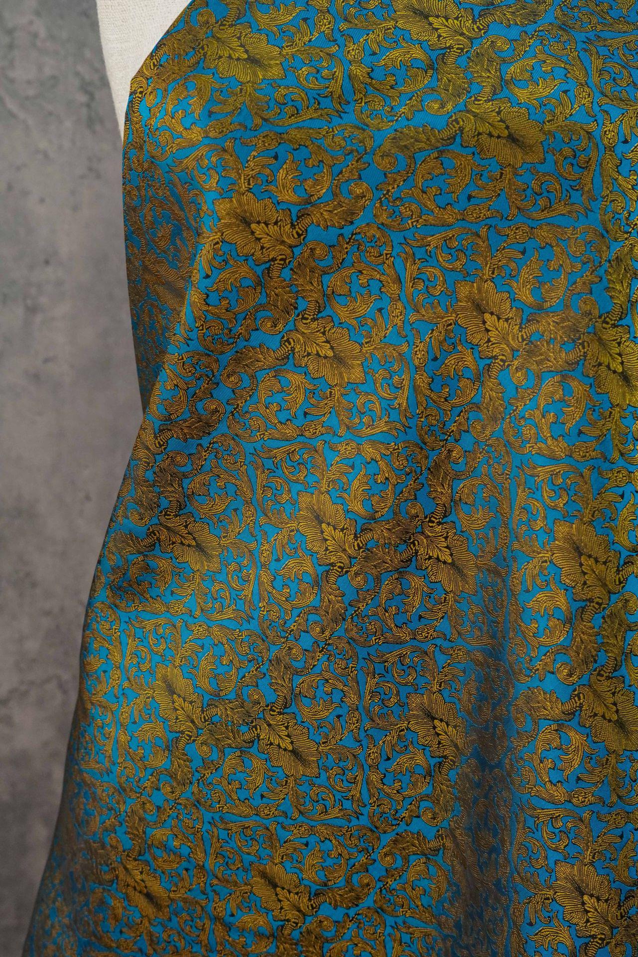 Blue & Gold Floral Jacquard Fabric: European Palace Style, 59" Wide
