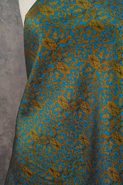 Blue & Gold Floral Jacquard Fabric: European Palace Style, 59" Wide