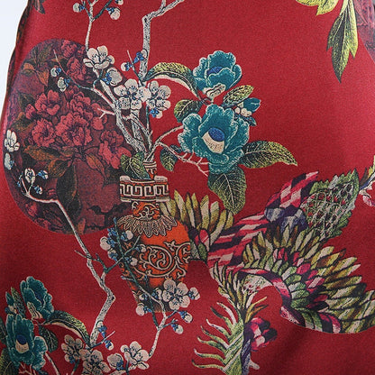Floral Bird Print Satin Fabric: Gambiered Canton Gauze, 59"W