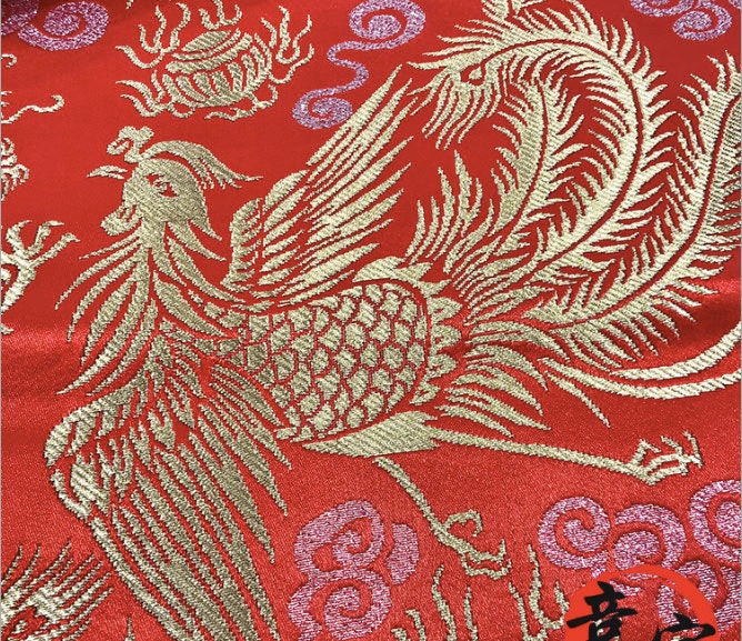 Gold Dragon & Phoenix Brocade Fabric: Traditional Chinese Wedding Robe Material