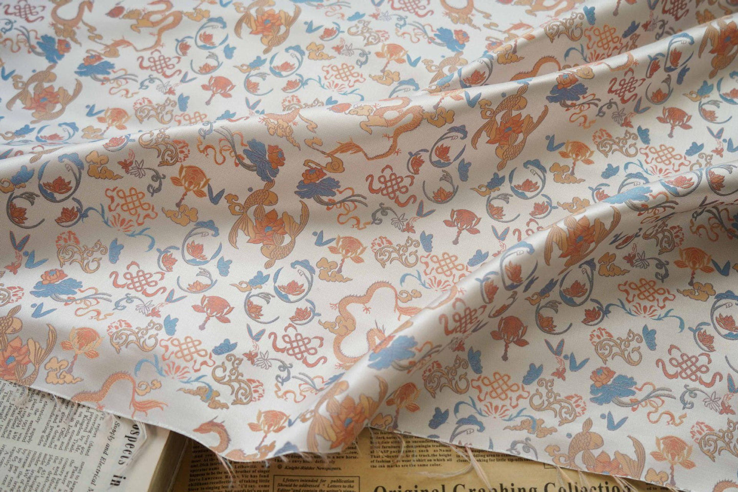 Dragon Flower Jacquard Fabric: Retro Woven Upholstery, 65" Wide