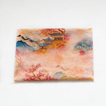 Oriental Landscape Cotton Fabric: Fairy Mountain Palace Print, Quilting Material (55"W)