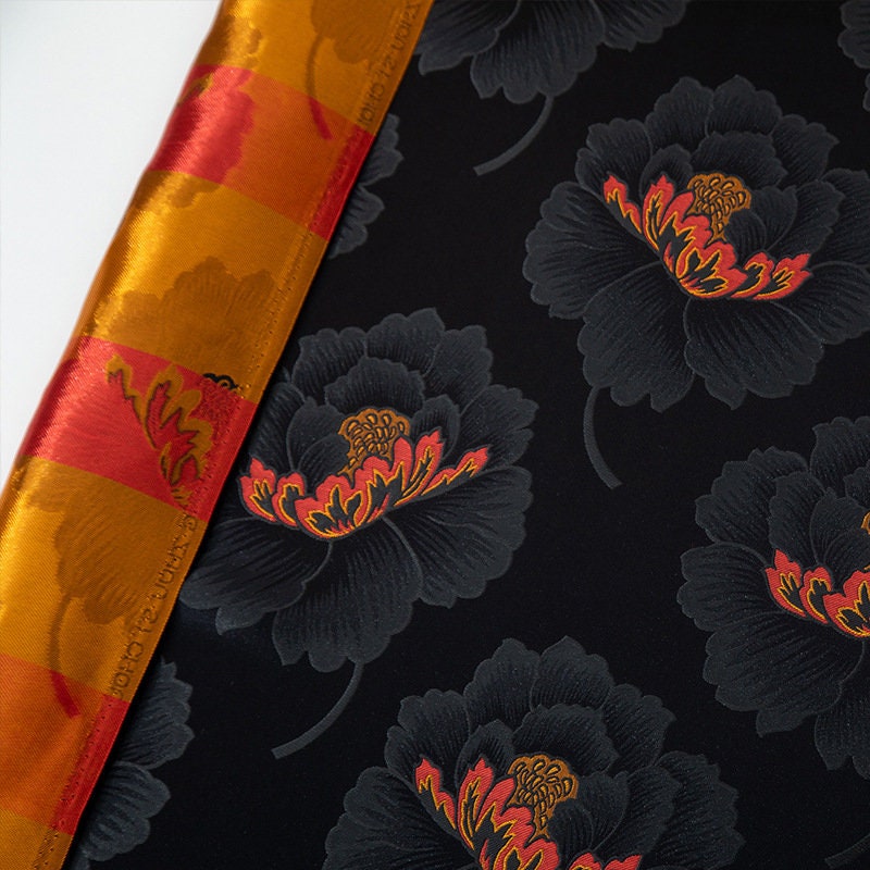 Black Peony Brocade Fabric: 29.5"W Luxurious Rayon Textiles