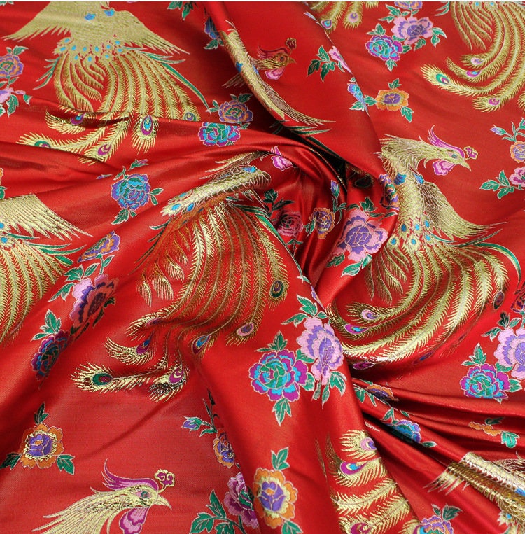 Gold Phoenix Brocade Fabric: Chinese Cheongsam Sewing Material (57"W)