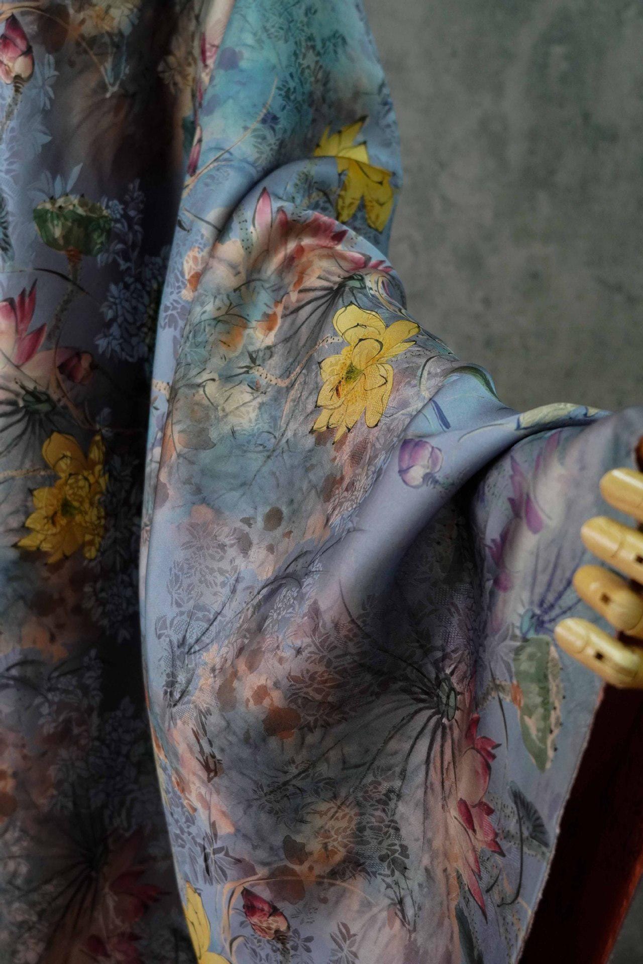 Lotus Flower Tea Silk Satin Fabric: Digital Print, 55" Wide