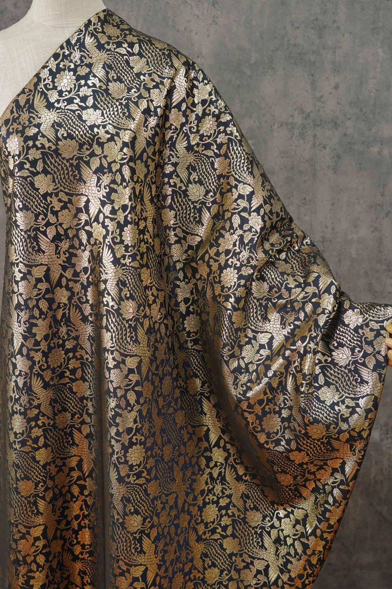 Gold Thread Jacquard Fabric: 3D Foil Flower Texture, 63" Wide - By The Meter