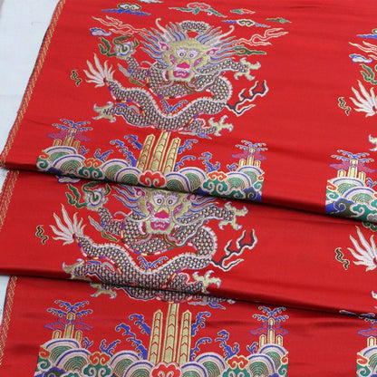 Gold Flying Dragon Fabric: Red & Gold Brocade Silk Rayon Blend (29"W)