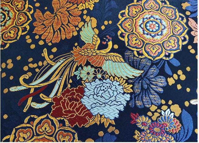 Silk Brocade Fabric: Peony Phoenix Design, 29.5" Wide, By The Meter