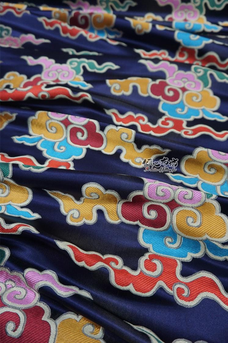 Dark Blue Auspicious Clouds Jacquard Fabric: Tibetan Style Costume Dress Material