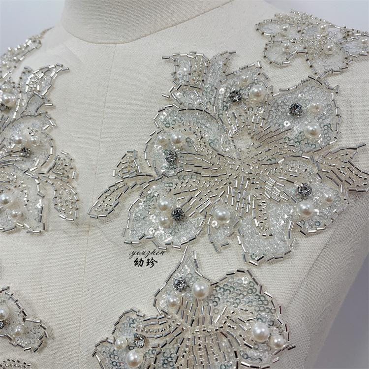 Embroidered Lace Trim: Light Ivory Bridal Wedding Veil Fabric, Sequins (By Yard)