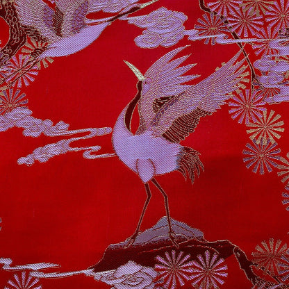 Tissu satin jacquard à motif de grues rouges : brocart antique pour cheongsam (au mètre)