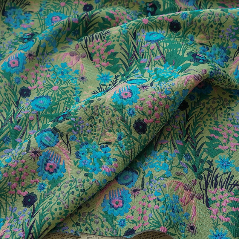 Floral Jacquard Woven Fabric: Reversible 3D Green Flower Pattern, 54"W