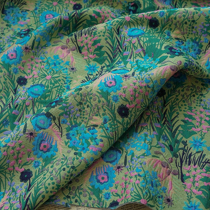 Floral Jacquard Woven Fabric: Reversible 3D Green Flower Pattern, 54"W