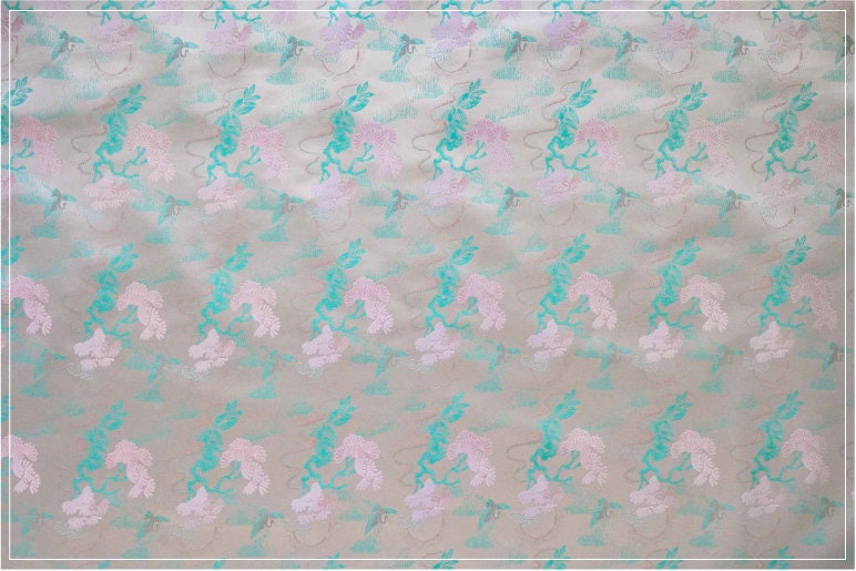 Beige Song Brocade Fabric: Wishful Crane Pattern Silk Rayon