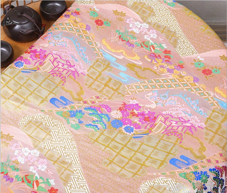 Floral Jacquard Brocade Fabric: Japanese Architecture, 59" Wide