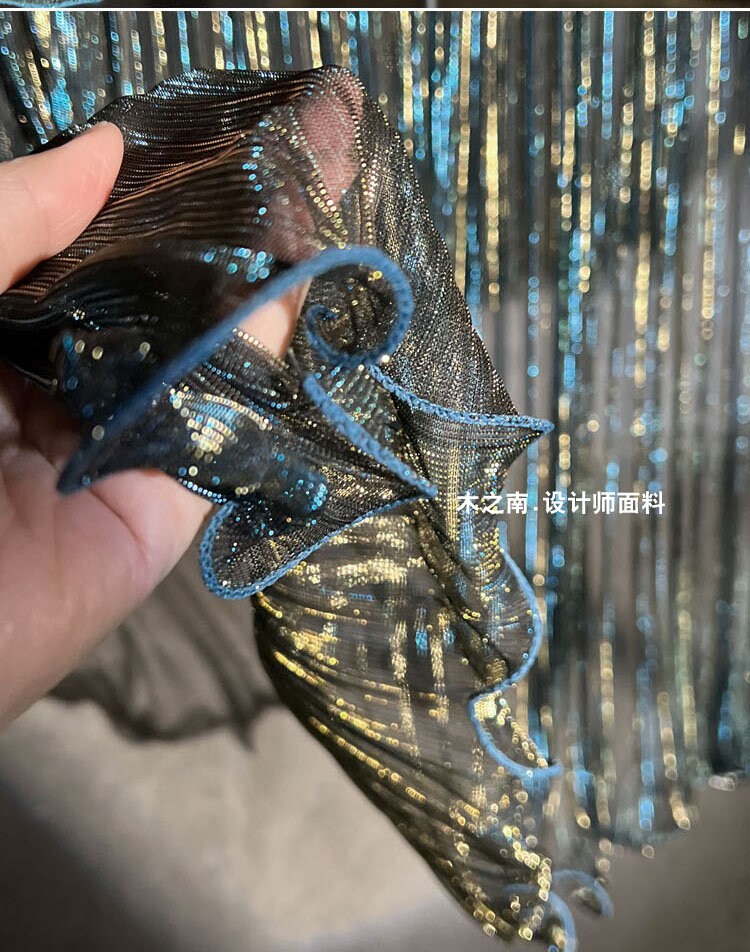 Peacock Blue Glitter Pleated Mesh Fabric, 59" Wide, Stiff Organza