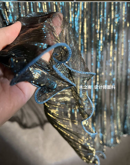 Peacock Blue Glitter Pleated Mesh Fabric, 59" Wide, Stiff Organza