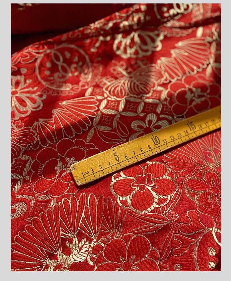Lotus Brocade Fabric: 29.5"W Red & Gold Rayon Upholstery