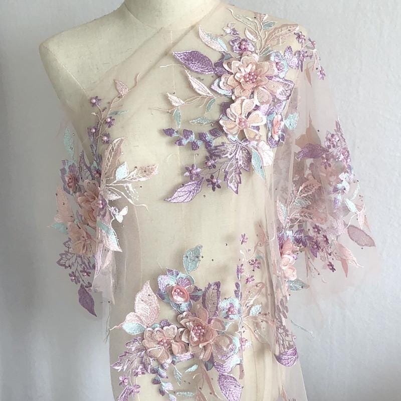 Colorful 3D Floral Beaded Embroidery Lace - Bridal Veil, Doll Making