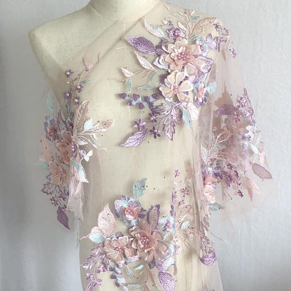 Colorful 3D Floral Beaded Embroidery Lace - Bridal Veil, Doll Making