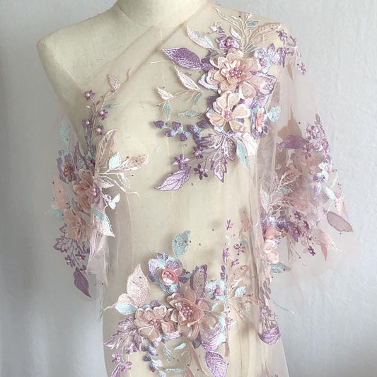 Dentelle brodée de perles florales 3D colorées - Voile de mariée, confection de poupées