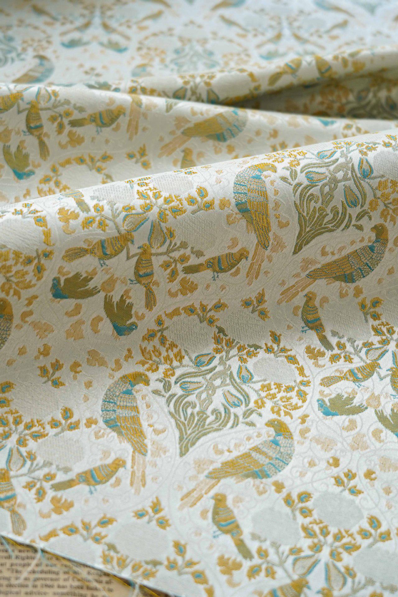 Gold Floral Bird Fabric: 58"W Rayon Blend Upholstery & Drapery