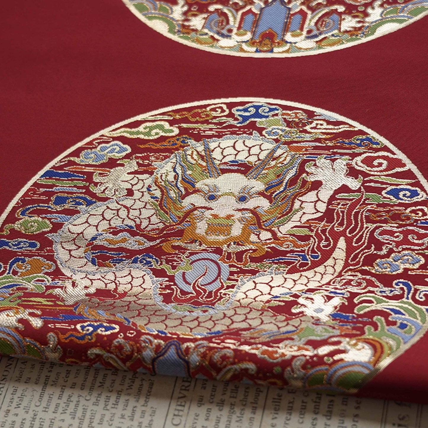 Red Dragon Embroidery Fabric: Chinese Wedding Cheongsam Brocade (59"W)