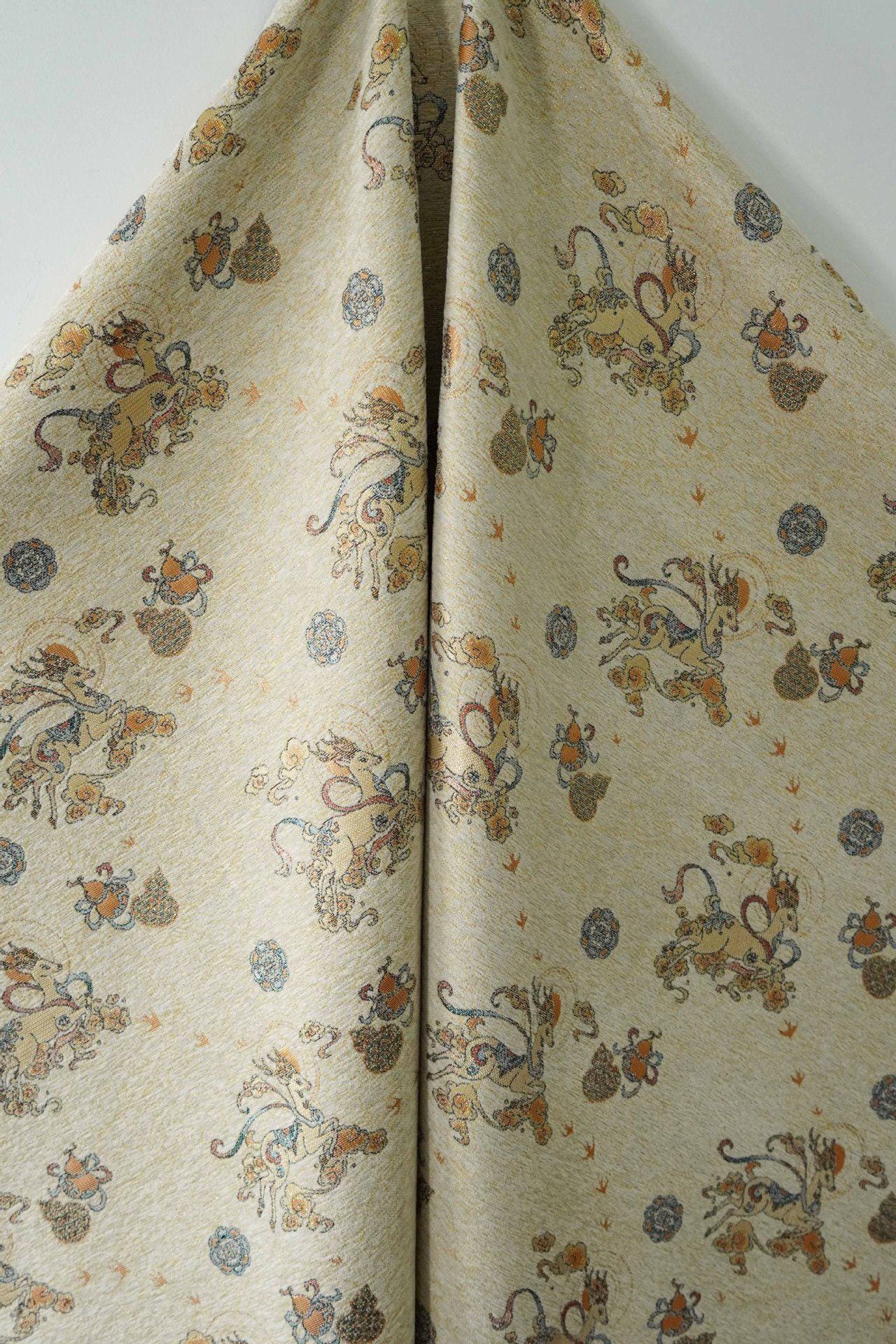 Chenille Deer Jacquard Fabric | Chinese Style Woven Upholstery, 55" Wide