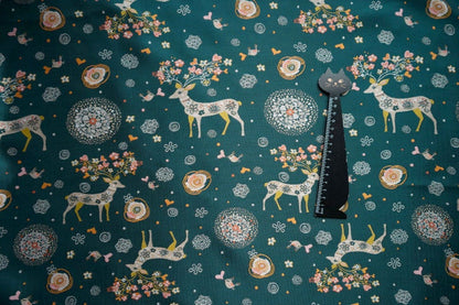Dark Green Reindeer Damask Jacquard Fabric: 62"W Yarn-Dyed Polyester