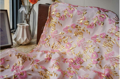 Pink Gold Floral Jacquard Fabric: 3D Designer Sewing Material (57"W)