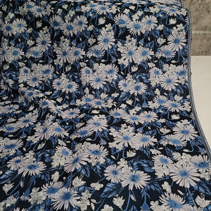 Reversible Floral Jacquard Fabric: Retro Blue Embossed Woven Material, 59"W