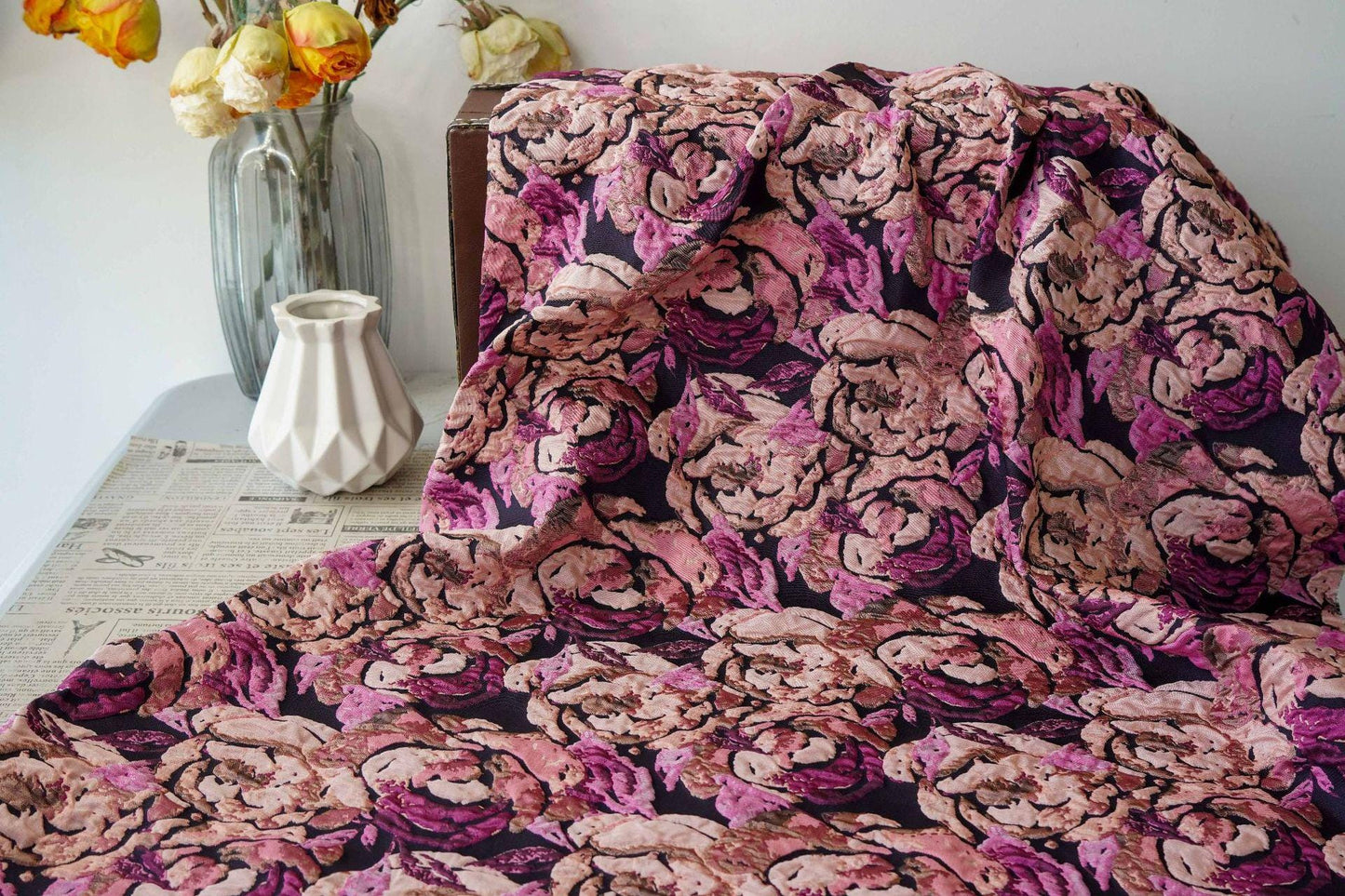 Embossed Rose Jacquard Fabric: Pink Purple Floral Brocade (60" Wide)